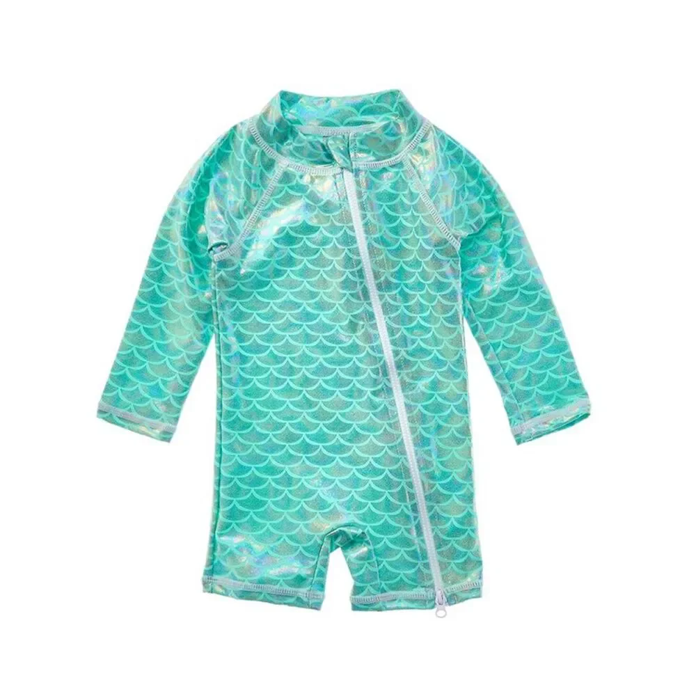 Flap Happy Girls  Fairy Tale Scales Rash Guard Romper, Green
